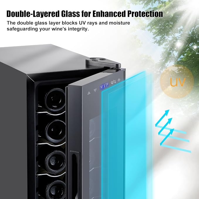 12 Bottle Mini Wine Fridge with Lock, Freestanding Compressor Wine Cooler Refrigerator, 10.7 Inch Wide Compact Wine Chiller with Glass Door, 41°F-64°F Digital Temperature Control, Black - Image 6