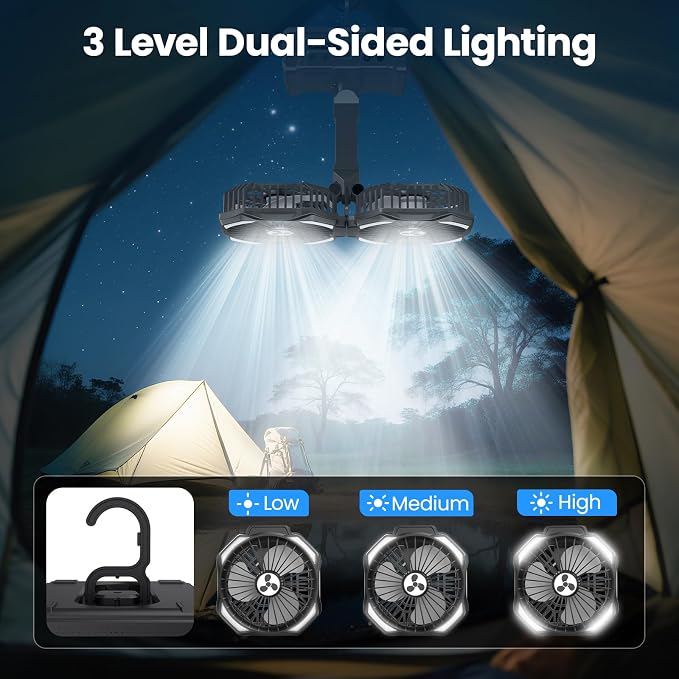Dual Head Portable Rechargeable Fan 20000mAh Battery Powered Fan Camping Cordless with 360° Air Delivery, LED Lantern & Remote, Auto Oscillation, Battery Operated for Tent Office Travel Picnic Jobsite - Image 4
