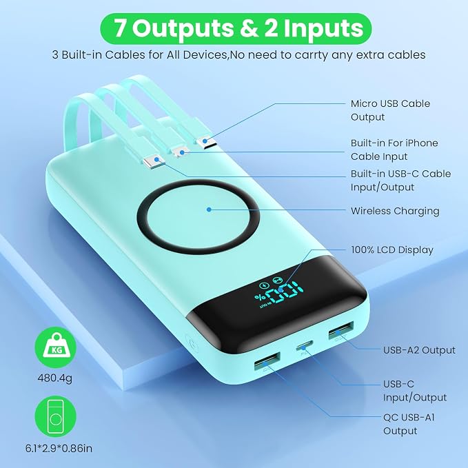 Wireless Portable Charger 40800mAh for iPhone with 3 Built-in Cables,7-in-1 15W Wireless Charging USB C Power Bank,25W PD Fast Charging Travel Essential Battery Pack for iPhone 17/16/15,Android-Green - Image 5