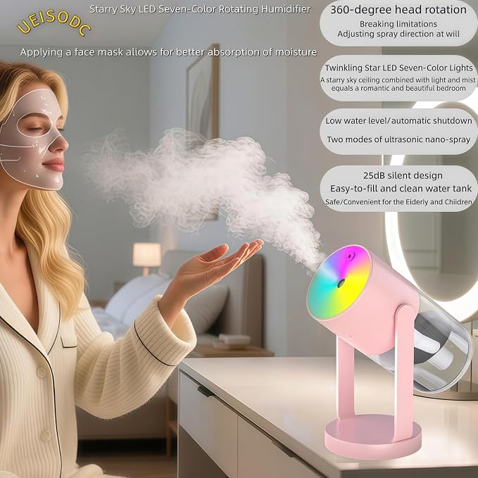 UEISODC Bedroom Humidifier, USB Mini Portable Humidifier with Ultrasonic Nano-Fine Mist, Auto Shut-Off, Rotatable Design, Quiet Operation, and Easy Refilling & Cleaning - Image 2