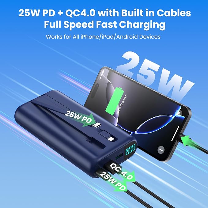 Portable Charger 40,800mAh Power Bank with Built-in Cables,5 USB Output Battery Pack Backup,25W PD Fast Phone Charging Travel Essential Outdoor for iPhone 17/16/15 Pro,Android Galaxy Pixel Nexus-Blue - Image 3