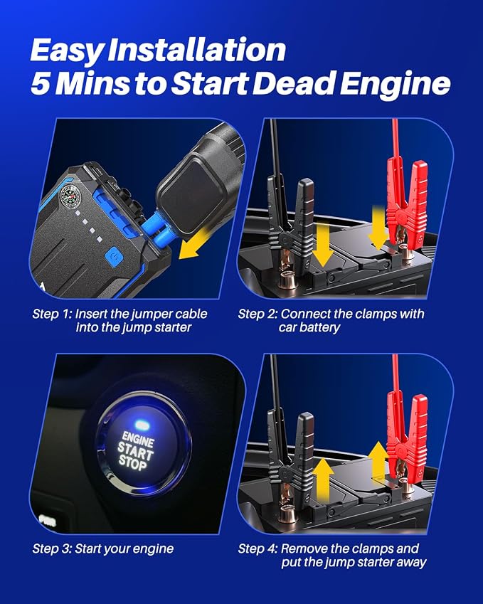 AUTOONE 4000A Car Jump Starter, Battery Jumper Starter Portable for Compact Car Up to 10.0L Gas and 8.0L Diesel Engine Jump Box with Jumper Cables, USB Output and LED Light - Image 4