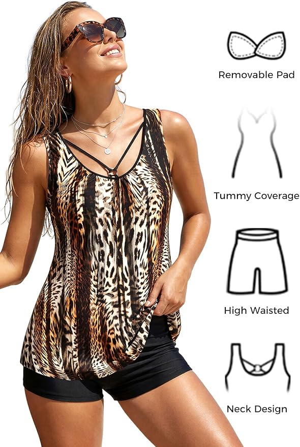 MODLILY Tummy Control Womens Tankini Swimsuits, Two Piece Metal Ring Bathing - Image 6