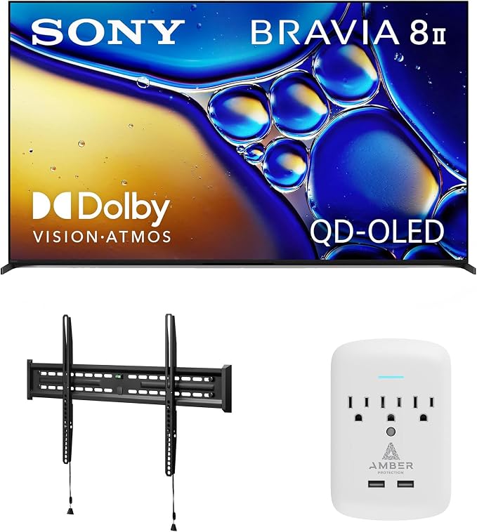 SONY K65XR80M2 65 Inch Bravia 8 QD-OLED 4K HDR Google TV with a Walts FIXED-MOUNT-43-90 TV Mount for 43"-98" TVs and Amber Protection 3-Outlet-Surge Surge Protector (2025) by Unknown