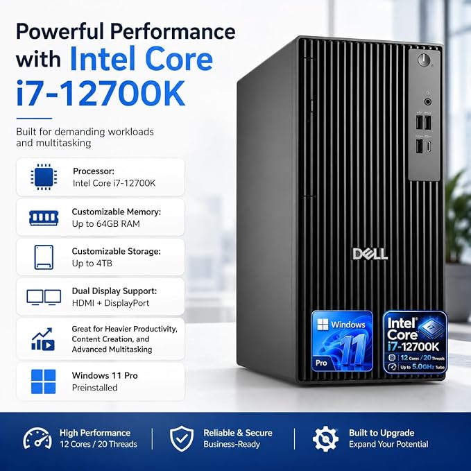 Dell Desktop Tower, Intel Core i7-12700K(12 Cores, 20 Threads) Processor, 32GB DDR5 RAM, 1TB PCIe SSD, Dual 4K Monitor Support (HDMI & DP), Wi-Fi, Bluetooth, USB-C, Windows 11 Pro, Wired KB & Mouse - Image 2