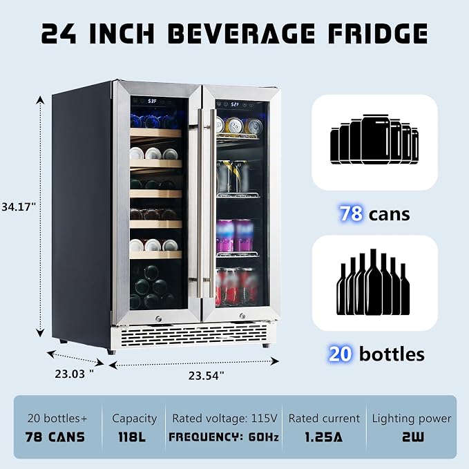 Albott 24 Inch Dual Zone Beverage Refrigerator, Glass Door Wine Cooler | Freestanding/Under Counter Wine and Beer Fridge, Holds 20 Bottles & 78 Cans, Ideal for Kitchen, Bar, Office, 34-64℉ & 41-68℉ - Image 9