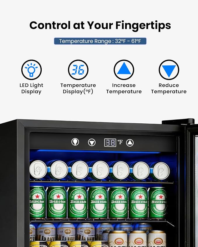 Feelfunn 4.5Cu.Ft Beverage Refrigerator 145Can Mini Fridge Glass Door Black | 32-61°F temp range, ultra-quiet <42dB, holds 145 cans, 4 adjustable shelves. Ideal for bedroom, office, home bar - Image 4