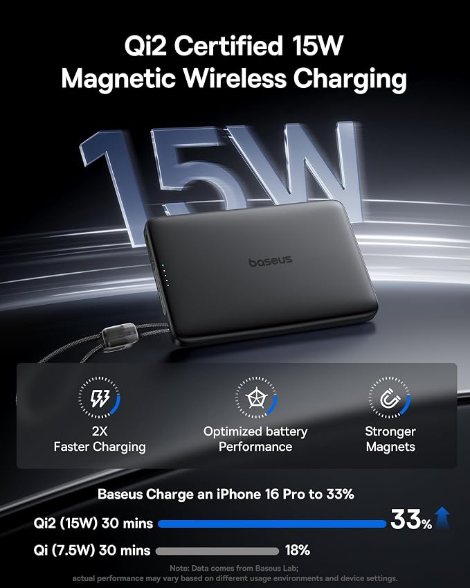 Baseus Picogo Qi2 15W Magsafe Portable Charger, 0.5" Ultra Slim 10000mAh Wireless Power Bank with 27W Built-in USB-C Cable, Magnetic Battery Pack for iPhone 17 Pro Max/17 Pro/Air/16/15/14/13/12 - Image 3