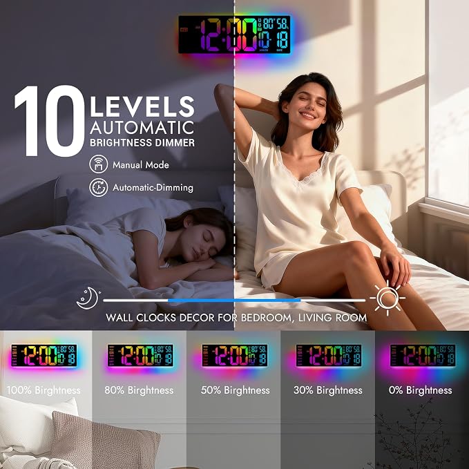16.5" Large Digital Wall Clock: 13 RGB Night Lights Giant LED Display - Image 6