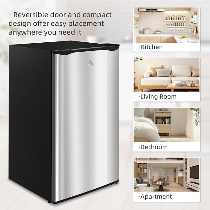 HOMCOM 3.2 Cu.Ft Mini Fridge with Freezer Single Reversible Door Silver | Compact Refrigerator, Adjustable Thermostat, Shelf, for Bedroom Dorm Home Office, Energy Efficient - Image 9