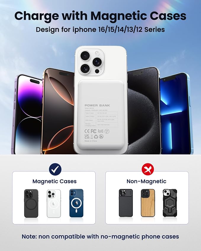 Magnetic Portable Charger Power Bank 12000mAh MagSafe Compatible Battery Pack 22.5W USB C Fast Charging Wireless Battery Pack Phone Charger for iPhone 17/16/15/14/13/12 All Series White - Image 6