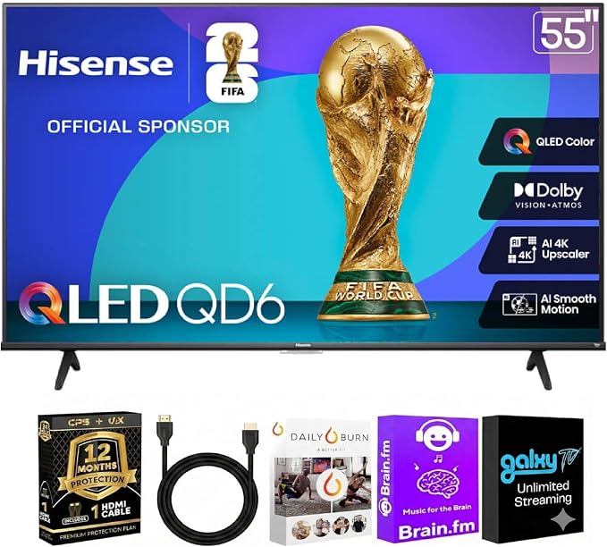 Hisense 55" QD6 Series 4K QLED Fire TV Bundle with HDMI Cable | 4K QLED, Fire TV, HDMI Cable, 12-Month CPS Plan & Streaming Bundle - Image 2