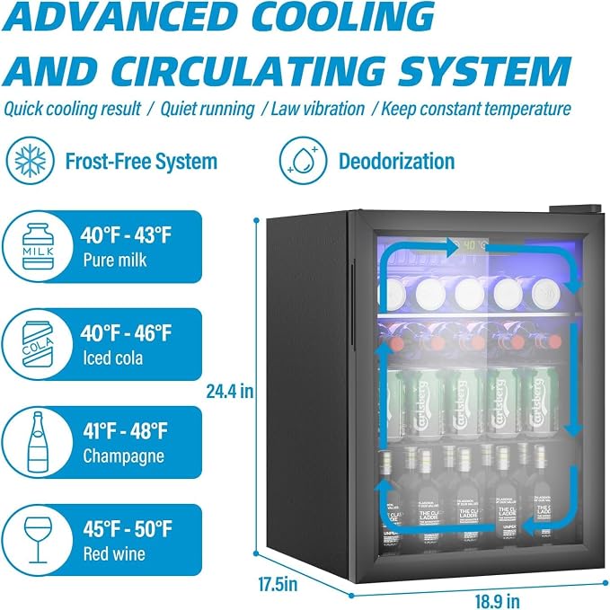 Erivess Compact Beverage Refrigerator, 105 Can/2.7 Cubic Feet Fridge with Glass Front Door for Soda, Beer or Wine, Under Counter Small Refrigerator with Adjustable Shelve & Digital Display(Black) - Image 3