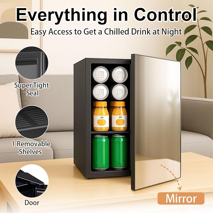 7 Temp Control 24 Can Mini Fridge, 0.95 Cu.Ft Beverage Cooler | for Soda, Beer, Wine, Beauty Products, Mirrored Door Compact Refrigerator for Bedroom, Dorm, Office, Storage - Image 2