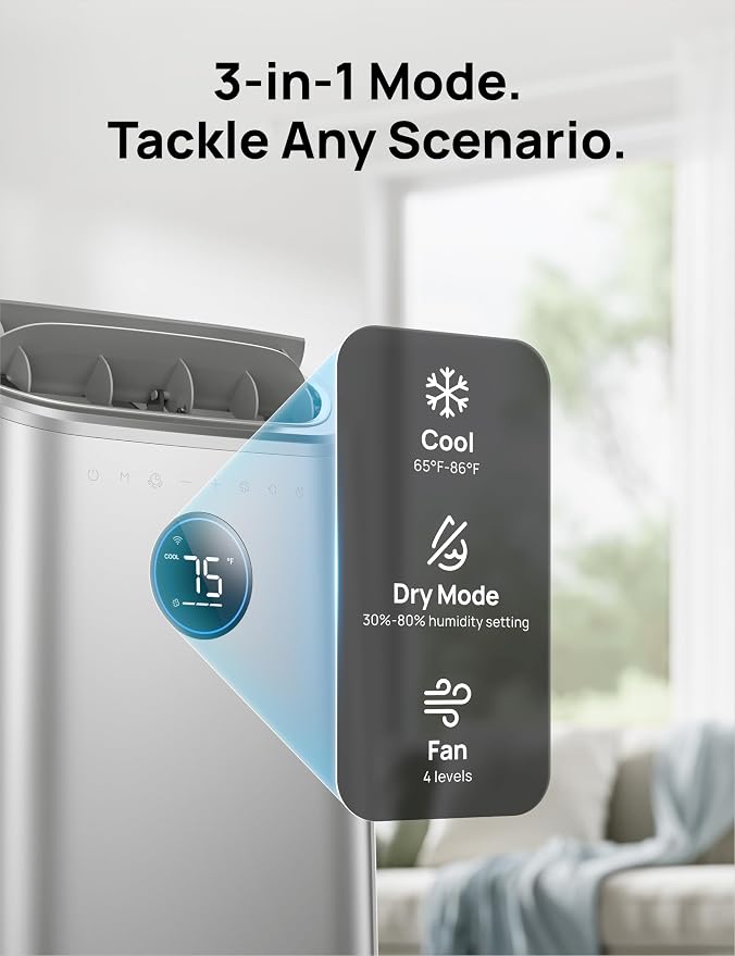 DREO Portable Air Conditioners, 14000 BTU AC Unit for Bedroom with Drainage-Free Cooling, 3-in-1 with Fan & Dehumidifier, Touch/APP/Voice/Remote, 24h Timer, Smart Floor AC for Room Indoors, AC516S - Image 8