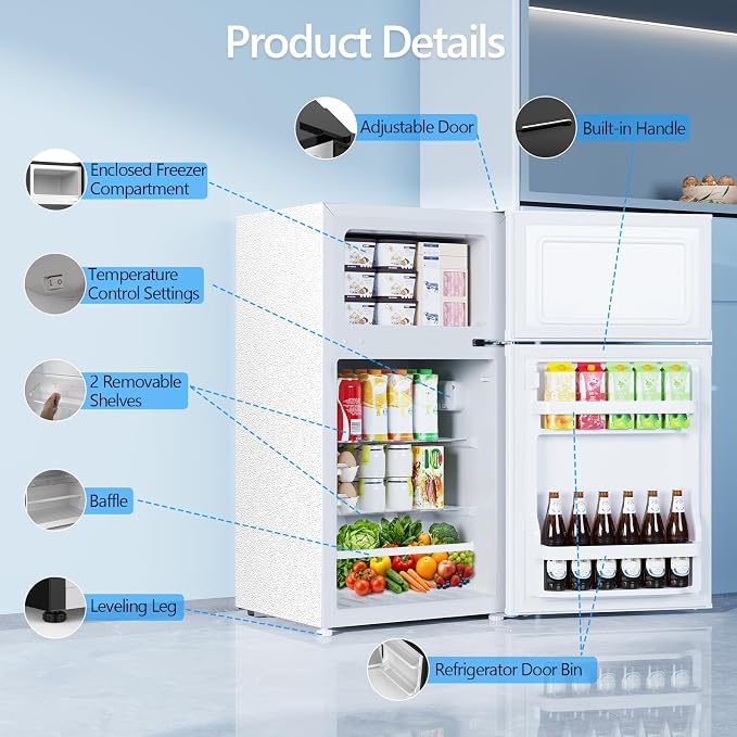 Electactic 2.5 Cu.Ft Mini Fridge with Freezer, Double-Door Compact Refrigerator, Adjustable Glass Shelves, Mechanical Thermostat & Leveling Feet, Space-Saving for Apartment/Dorm/Office, White - Image 3