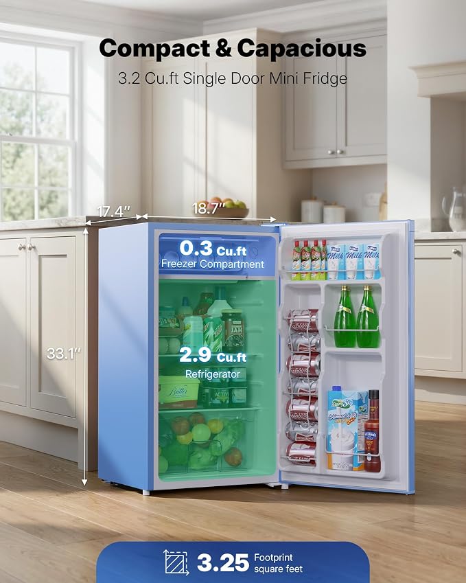 Upstreman 3.2 Cu.Ft Mini Fridge with Freezer, Blue-BR321 | Adjustable Thermostat, Energy Saving, Low Noise, Reversible Door, Small Refrigerator for Dorm, Bedroom, Office - Image 2