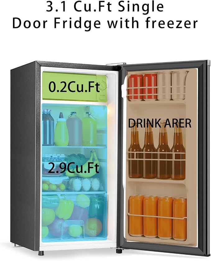 Seaoola Mini Fridge with Freezer, Single Door 3.1 Cu.Ft, Compact Mini Refrigerator, LED Light, Adjustable Thermostat, Removable Glass Shelves, Small Refrigerator for Dorm/Office/Bedroom(Sliver) - Image 4