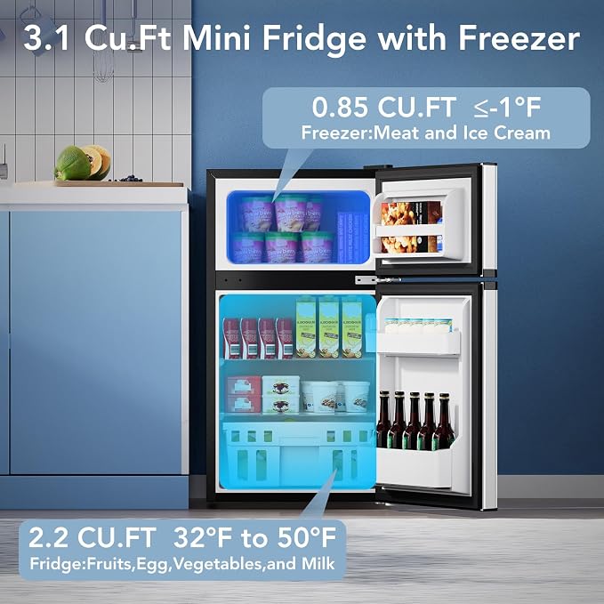 Electactic 3.1 Cu.Ft Mini Fridge with Freezer for Bedroom Office, Silver | 2 Reversible Door, Stainless Steel, Removable Glass Shelves, Adjustable Thermostat, Energy Saving, Small Fridge for Dorm - Image 2