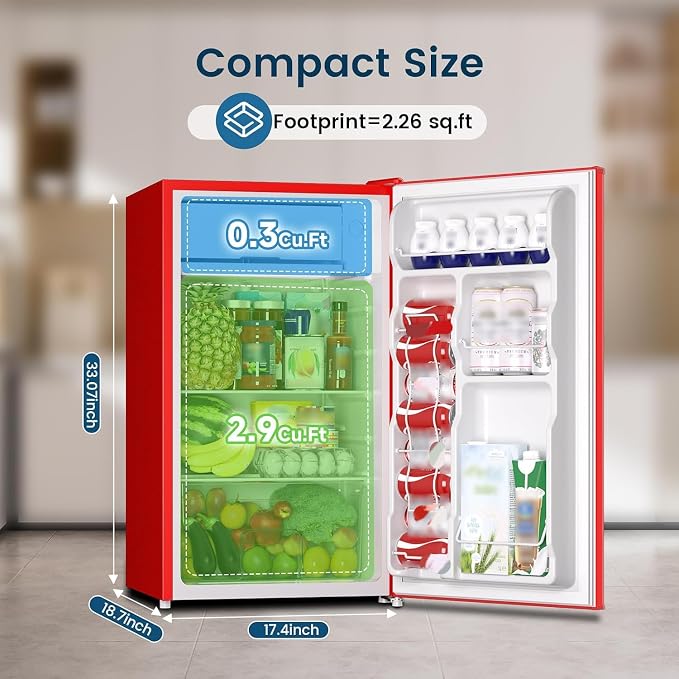 Mini Fridge with Freezer 3.2 Cu.Ft for Bedroom and Office Red | Single Door, Small Refrigerator, Energy-efficient, Low Noise, Mini fridge for Dorm - Image 2