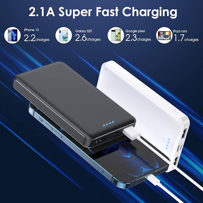 [2 Pack] Portable Charger Power Bank 10000mAh,Ultra Slim Compact External Battery Pack with USB C Input & Dual USB Outputs Backup Charger Compatible with iPhone 13,12, Samsung S20,Tablet -Black+White - Image 2
