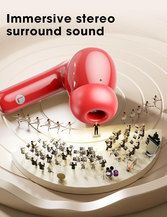 Wireless Earbuds, Hi-Fi Deep Bass Ear Buds, 48H Playtime In-Ear Headphones | 2 Mics for Clear Calls, LED Display, IPX7 Waterproof, Touch Control, Lightweight Bluetooth Earphones for iPhone/Android, Red - Image 2