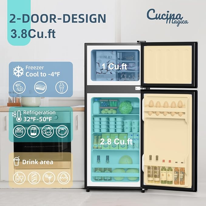 Cucina Magica Mini Fridge with Freezer, 3.8 Cu.Ft Small Fridge, Energy Saving, Low Noise,7 Adjustable Thermostat, Double Door Small Refrigerator for Dorm, Bedroom, Office - Image 4