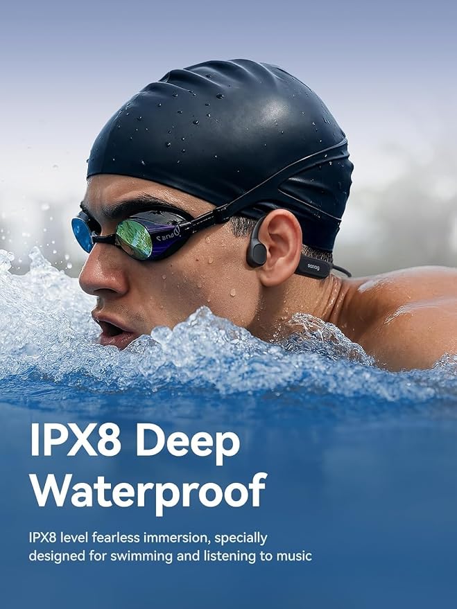 Sanag Swimming Bone Conduction Headphones Earbuds IPX8 Waterproof Underwater 8H Playtime Wireless Bluetooth Earphones with 32GB MP3 for Running Cycling Sport, Black - Image 2