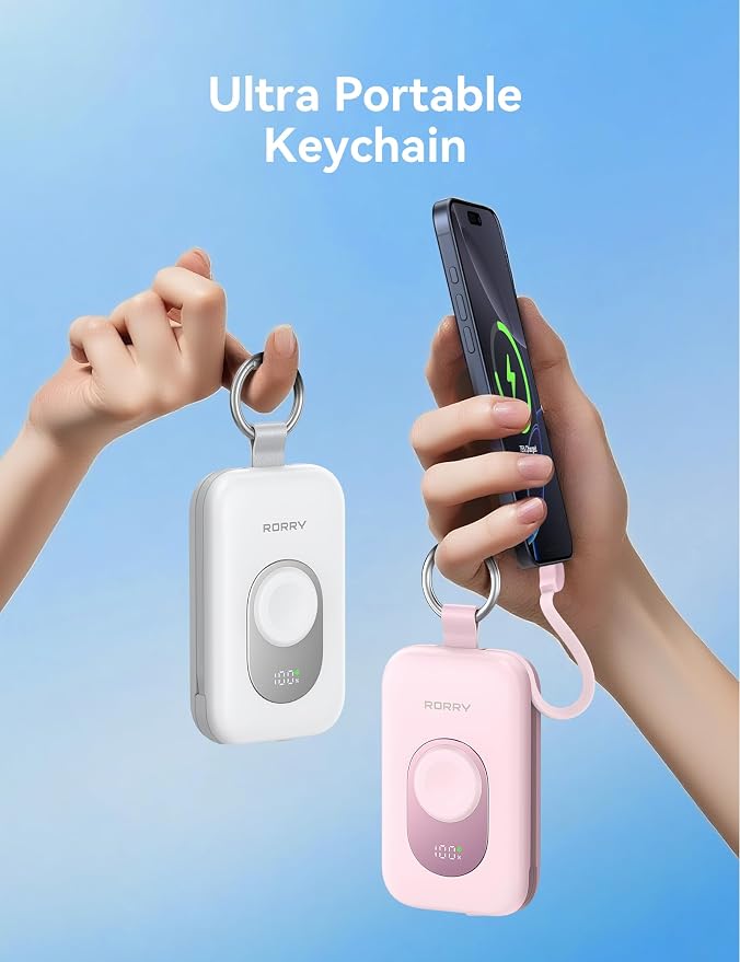 RORRY Portable Charger, 20000mAh PD 30W Portable Charger Power Bank with 2 Built-in Cables, Super Fast Charging Battery Pack with Keychain, Travel Essentials for iPhone, Apple Watch, iPad, White - Image 6