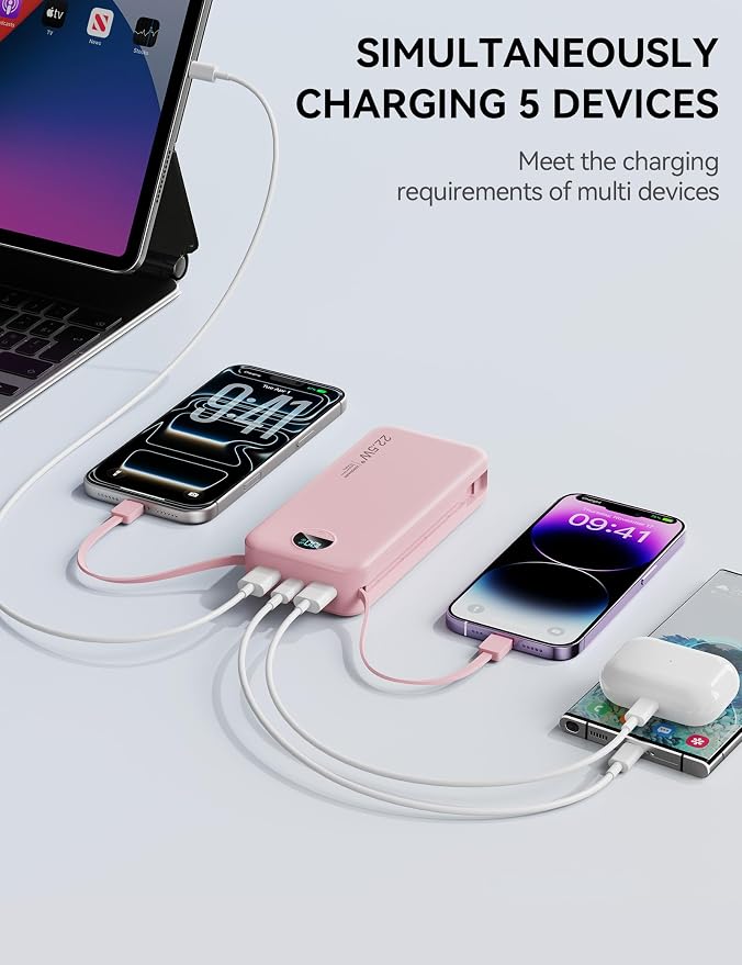 Portable Charger, 20000mAh 22.5W Fast Charging Power Bank with Built-in Cables & Wall Plug, USB C External Battery Pack with LED Display, Travel Essentials Phone Charger for iPhone iPad Samsung Pink - Image 6