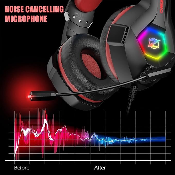 Ozeino Gaming Headset for PC, Ps4, Ps5, Xbox Headset with 7.1 Surround Sound, Gaming Headphones with Noise Cancelling Mic RGB Light Over Ear Headphones for Xbox Series X/S, Switch -Red - Image 3