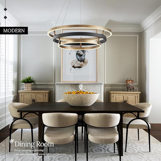 3 Ring LED Chandelier Black Gold Chandelier Light Fixture Dimmable Round Foyer - Image 2