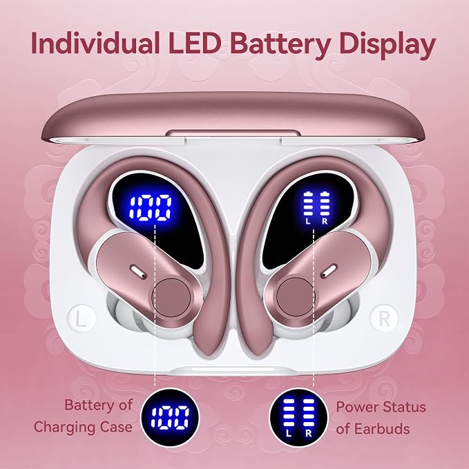 Active Noise Cancelling Ear Buds Wireless Earbuds 80H Playtime Bluetooth Headphones with LED Display Case, Hi-Res Audio Clear Calls Earphones with Over Ear Hooks for Running Gym Workout Travel Rouge - Image 6