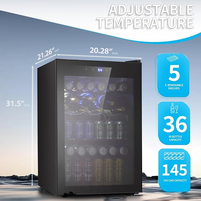 Antarctic Star Beverage Refigerator Cooler -145 Can Mini Fridge for Soda Beer or wine,with glass door, For Office or Bar with Adjustable Removable Shelves，4.5 Cu. Ft. (Black) - Image 2