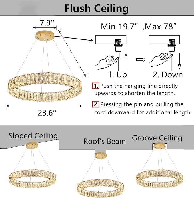 HAIXIANG Modern Crystal Chandelier Dimmable LED Ring Pendant Lights Adjustable - Image 2