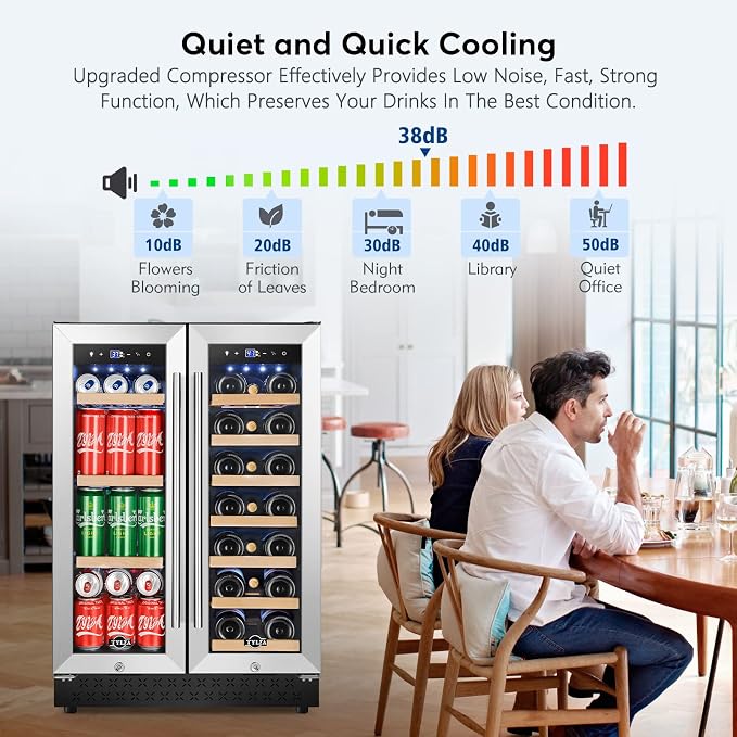 24" Dual Zone Wine and Beverage Cooler Quiet Compressor | Dual zone, quiet <38dB, fast cool, smart touch, temp memory, built-in/free, 20 wine+88 cans - Image 5