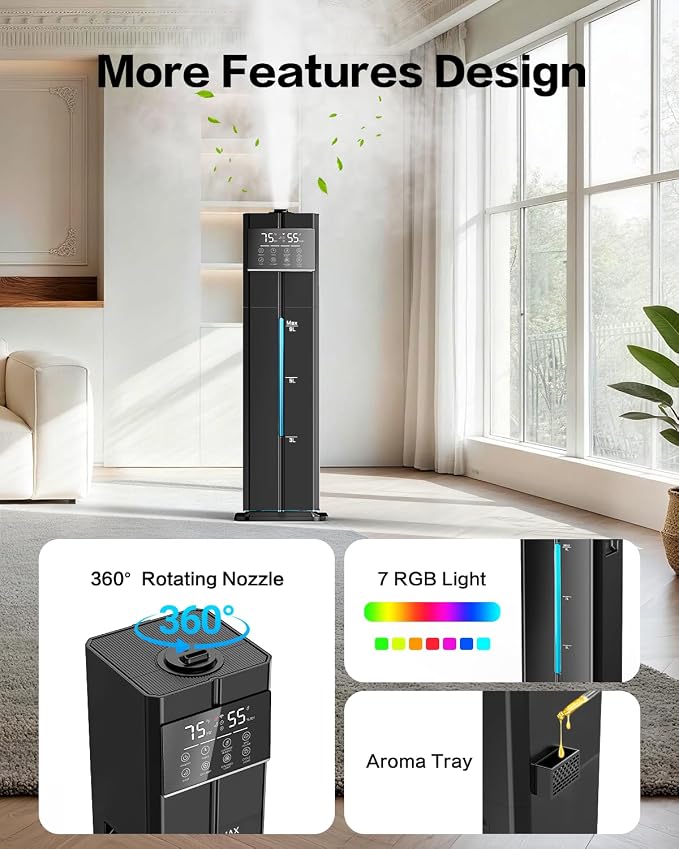Cool Mist Humidifiers for Large Room, Ultrasonic 2.4Gal 9L Quiet Top-Fill, Easy Clean with Essential Oil Tray, 360°Nozzle, 4 Speed, Remote, 60H Runtime, for Baby, Adults, Plants, Home, House, Bedroom - Image 6