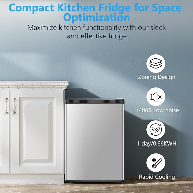 COWSAR 2.6 Cu.Ft Mini Fridge with Freezer, Quiet Reversible Door Compact Refrigerator, Small Refrigerator with 2 Removable Shelves, Adjustable Thermostat, for Office, Bedroom, Dorm, Silver - Image 5