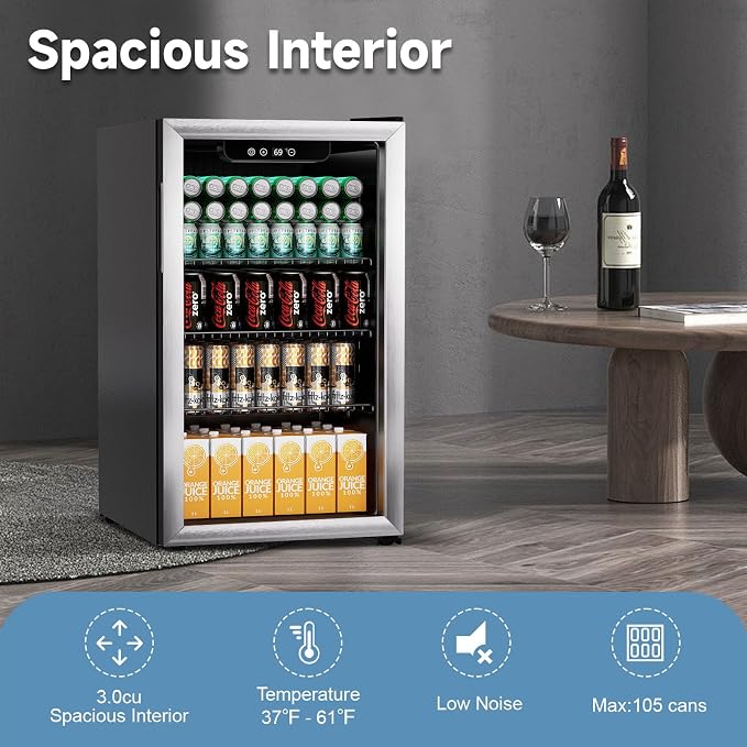 Stopasd Beverage Refrigerator Cooler, 3.0 Cu.Ft/105 Can Drink Fridge with Adjustable Shelves & Glass Door for Soda Wine Beer, Quiet Undercounter Small Fridge for Home/Office/Bar/Garage(37-61 ℉),Sliver - Image 5