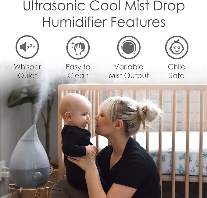 Crane Ultrasonic Teardrop Cool Mist Humidifier, Large 1 Gal Tank, Automatic Shut-Off, Baby Humidifiers for Nursery and Bedroom, Grey - Image 2