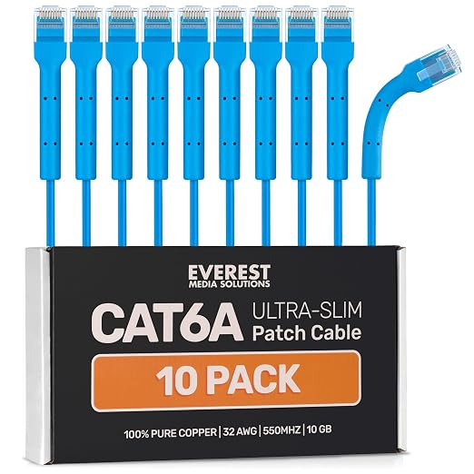 Everest Ultra Slim Cat6a Ethernet Patch Cables 0.5ft Blue by EverestMediaSolutions