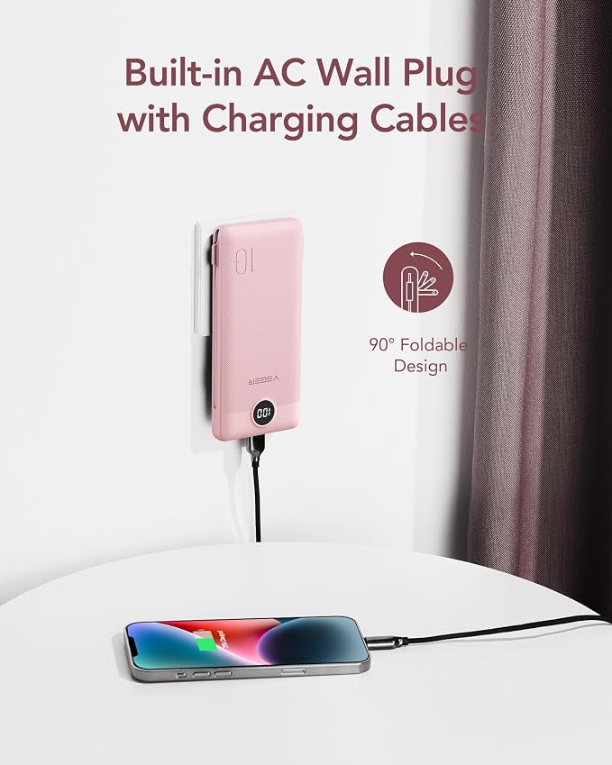VEGER Portable Charger with Built-in AC Plug and Cables, All in One 10000mAh Ultra Slim Power Bank Travel Essentials, Fast Charging Battery Pack Compatible with iPhone, Samsung, Android (Crepe) - Image 3