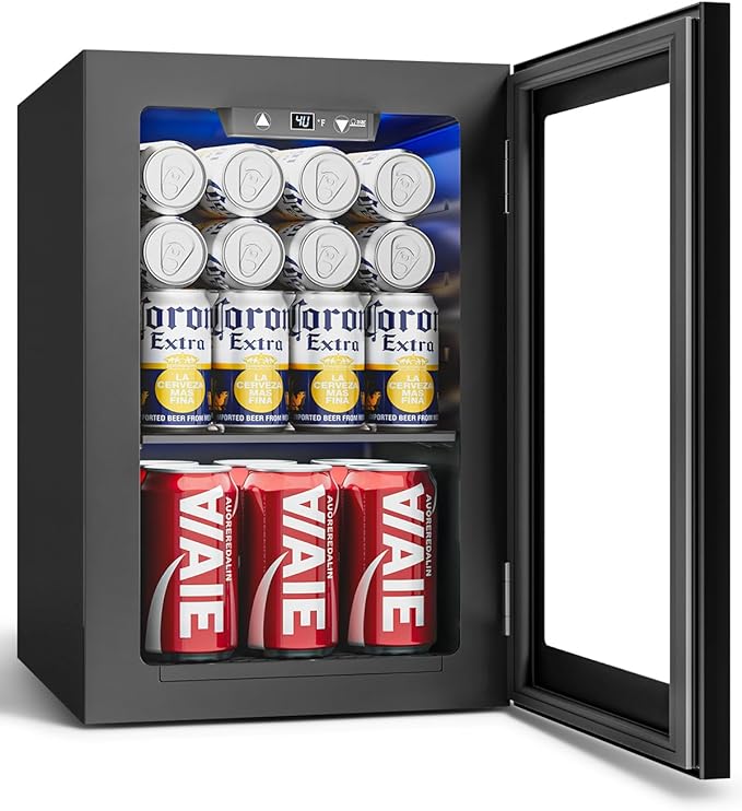 Feelfunn 24 Can Beverage Refrigerator, Mini Fridge, Black | 40-61°F temp control, whisper-quiet ≤38dB, holds 24 cans, removable shelf. Ideal for office, dorm, bedroom, home bar by Feelfunn