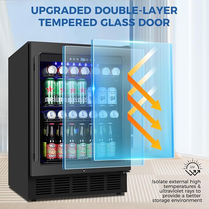 24 Inch Beverage Refrigerator Under Counter, Drink Fridge 180 Cans Large Capacity with Glass Door, 38dB Whisper Quiet Beverage Cooler Built-in for Home Bar Office, Memory Function for Beer Soda, Black - Image 5