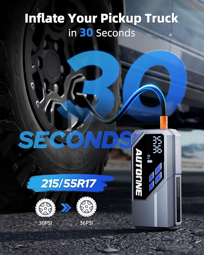 AUTOONE 10000A Jump Starter with Air Compressor, 24000mAh Jump Box with Tire Inflator (All Gas & Diesel) Portable Car Battery Booster Jumper Starter Pack, Jumper Cables, Type C, 60W Charging, Light - Image 4