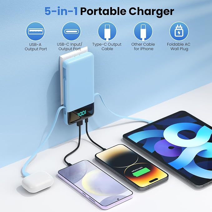 Portable Charger for iPhone,13800mAh Slim Power Bank with Built-in Cables & AC Wall Plug,All in One 4 Outputs USB C Fast Charging Battery Pack Travel Essential for iPhone 17/16/15/14,Android(Sky Blue) - Image 2