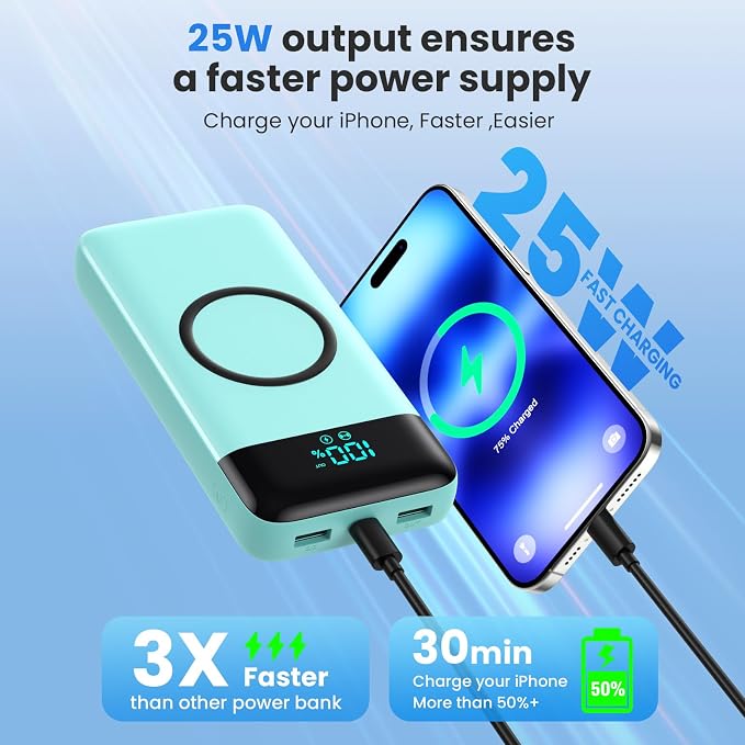 Wireless Portable Charger 40800mAh for iPhone with 3 Built-in Cables,7-in-1 15W Wireless Charging USB C Power Bank,25W PD Fast Charging Travel Essential Battery Pack for iPhone 17/16/15,Android-Green - Image 6