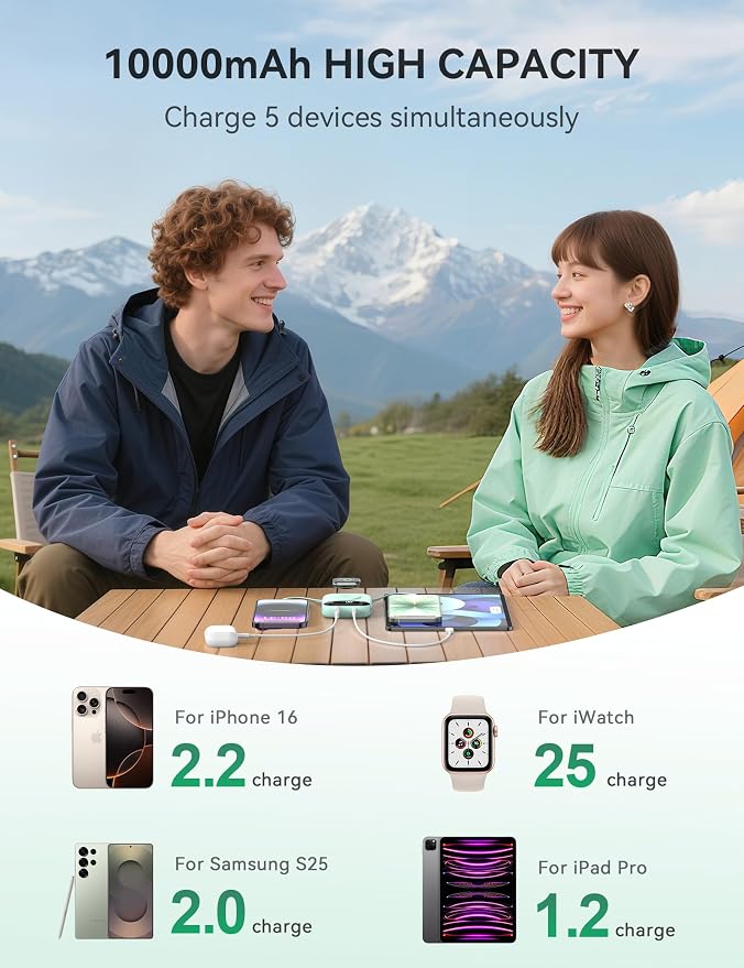 Portable Charger, 10000mAh 22.5W Fast Charging Power Bank with Built-in Cables, Travel Essentials Battery Pack with LED Display for iPhone, Portable iWatch Charger for 11/10/9/8/7/6/5/4/SE/Ultra Green - Image 5