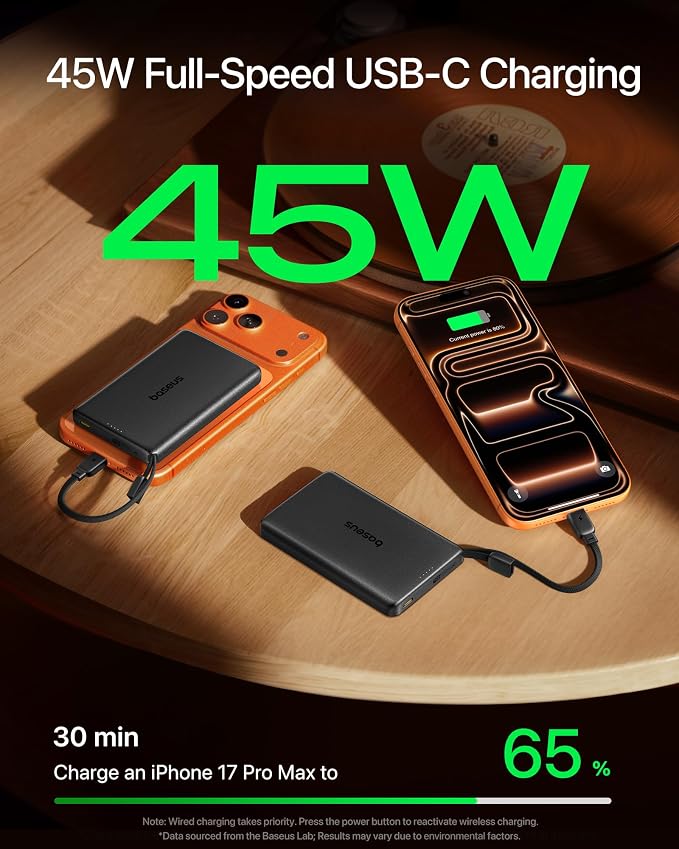 Baseus Picogo AM52 MagSafe Power Bank, Qi2.2 25W 10,000mAh Magnetic Portable Charger, 0.6" Slim Built-in 45W USB-C Cable, Alloy Fast Charging Wireless Battery Pack for iPhone 17/16/15/14/13/12 Only - Image 4