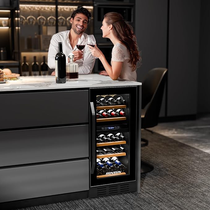 ROVSUN 15 Inch Dual Zone Wine Fridge, 26 Bottle Wine Cooler Refrigerator | 41-64°F, Stainless Steel Handle, LED Light, Built-in or Under Counter or Freestanding Wine Refrigerator for Home/Bar/Kitchen - Image 7